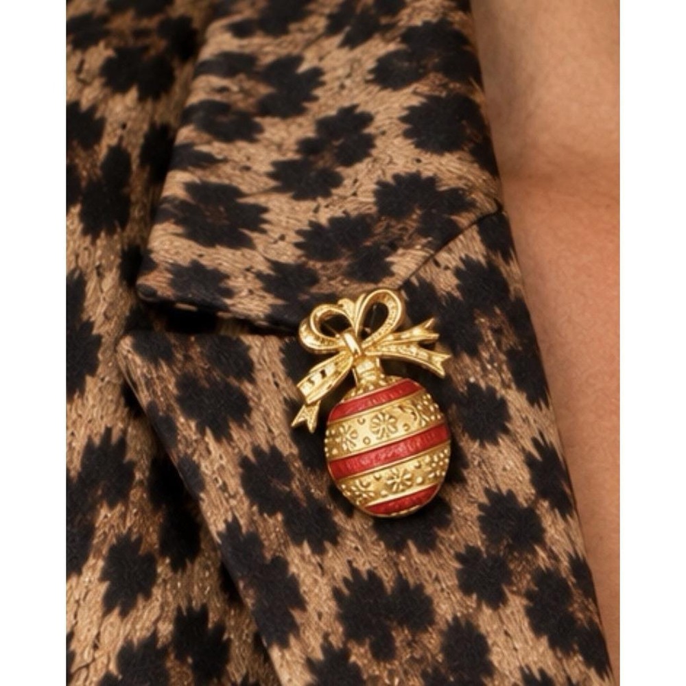 Vintage Goldtone & Red Enamel Christmas Ball Ornament Brooch Premier Signed
